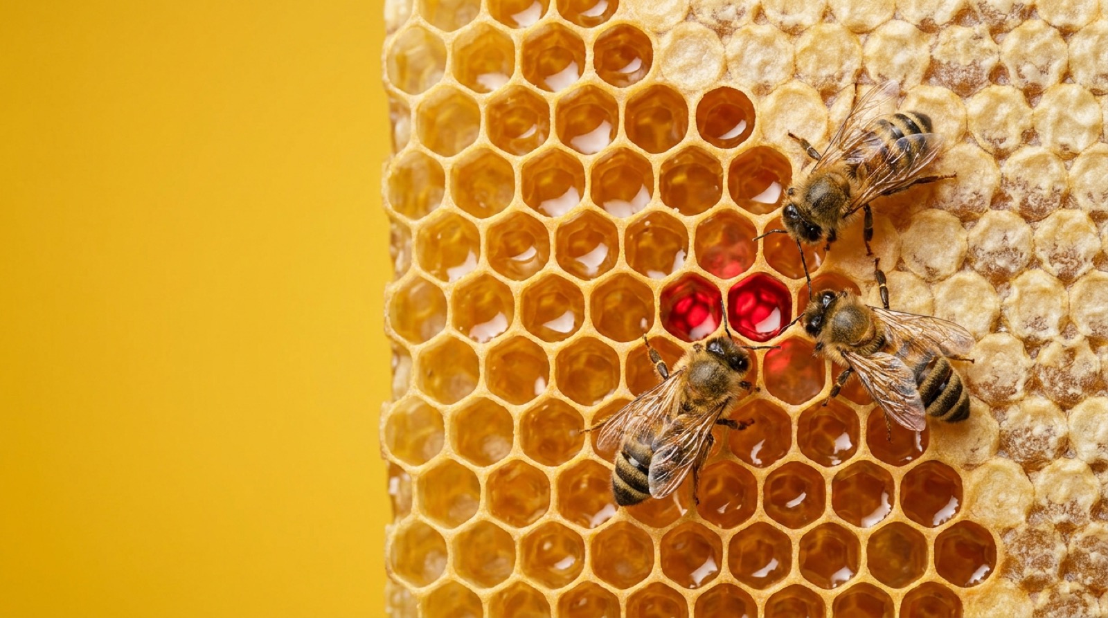 Three honeybees on a slab of golden honeycomb. Two of its cells glow red.